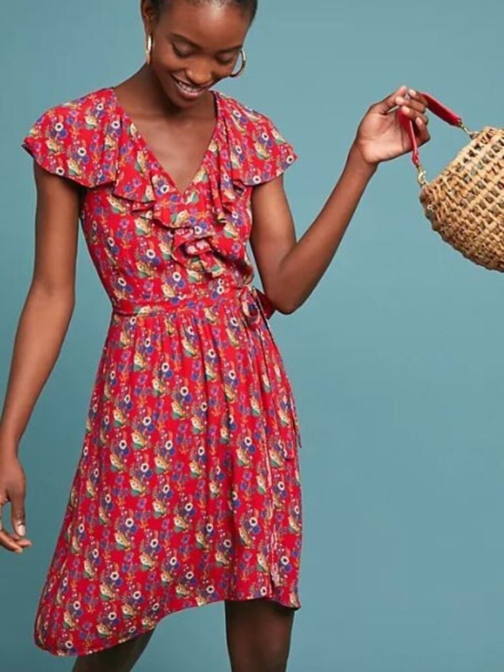 Anthropologie Maeve Rosalia Floral Wrap Dress in Red - Wrap & Tie Waist